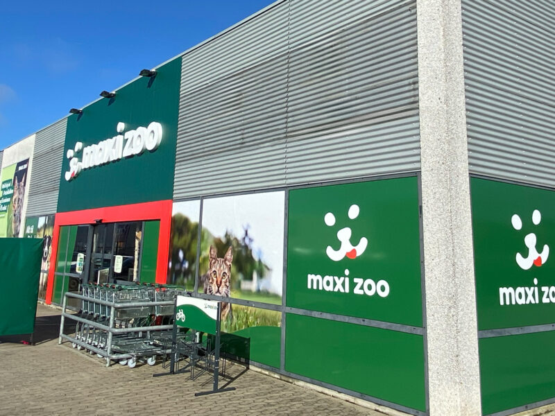 Facadeskilt på grøn baggrund på maxi zoo butik og vinduesfolie med motiver